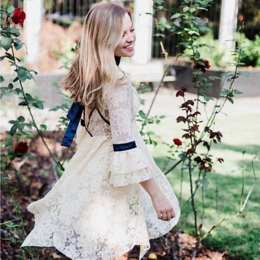 Free People Gilded Bell Sleeves Fit & Flare Lace peach-silver color Mini Dress